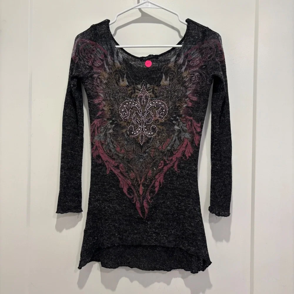 In Vein Gothic Fleur De Lis Rhinestone Knit Tunic Top Charcoal Grey Y2K McBling - Picture 1 of 6